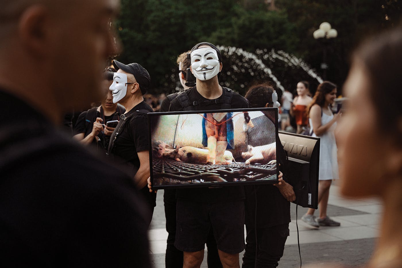 Wearing Guy Fawkes masks to protect their identities, activists with the animal rights organization Anonymous for the Voiceless stage a demonstration in New York City.