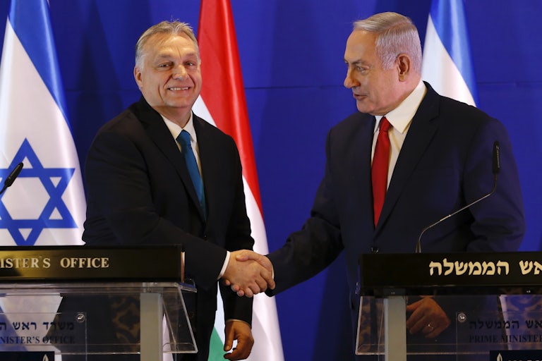 Hungary's Viktor Orbán shakes hands with Israeli Prime Minister Benjamin Netanyahu