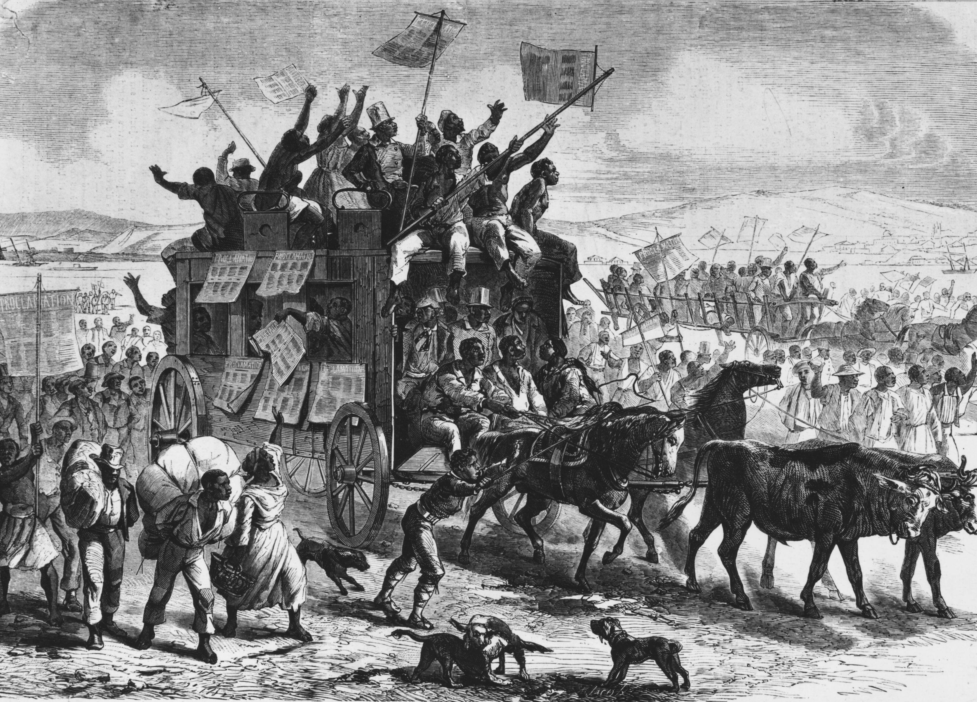 Sketch of a coach filled with formerly enslaved people carrying the Emancipation Proclamation in triumph. The coach has copies of the proclamation, issued by President Lincoln, pinned to its sides and the passengers are waving them like flags. 