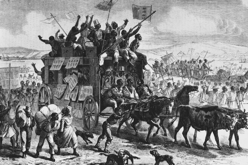 Sketch of a coach filled with formerly enslaved people carrying the Emancipation Proclamation in triumph. The coach has copies of the proclamation, issued by President Lincoln, pinned to its sides and the passengers are waving them like flags.