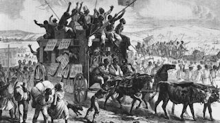 Sketch of a coach filled with formerly enslaved people carrying the Emancipation Proclamation in triumph. The coach has copies of the proclamation, issued by President Lincoln, pinned to its sides and the passengers are waving them like flags.