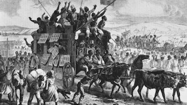 Sketch of a coach filled with formerly enslaved people carrying the Emancipation Proclamation in triumph. The coach has copies of the proclamation, issued by President Lincoln, pinned to its sides and the passengers are waving them like flags.