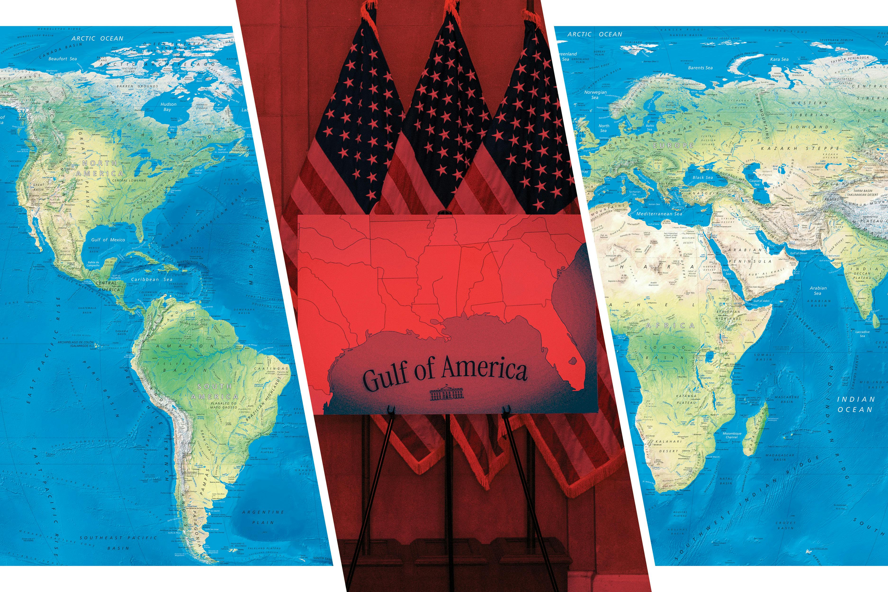 An image of a world map with minimized nation-state borders interrupted by a map showing the renamed Gulf of Mexico