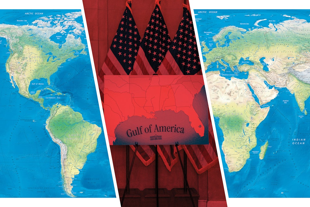 An image of a world map with minimized nation-state borders interrupted by a map showing the renamed Gulf of Mexico