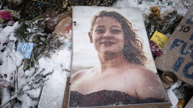 A photo of Renee Nicole Good at a memorial for her in Minneapolis
