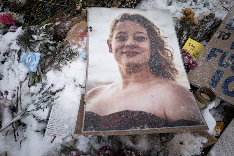 A photo of Renee Nicole Good at a memorial for her in Minneapolis