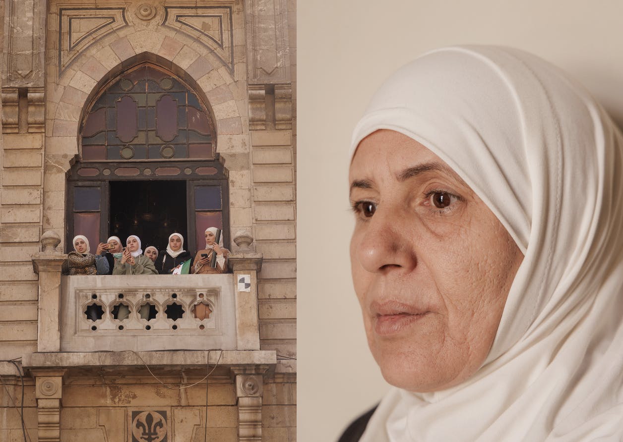 Left: At a balcony of an old train station in Damascus, a group of women observe the demonstration moving the casket of Mazem Al Hamadah. Mazem's body was recently found inside Sednaya Prison. 