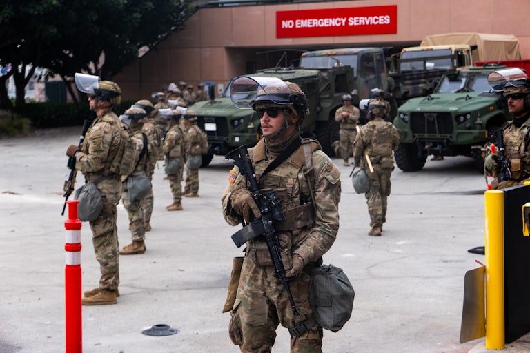 Soldiers from the National Guard in Los Angeles on Sunday
