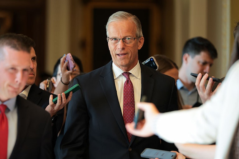 Senator John Thune speaks to reporters in the Capitol.