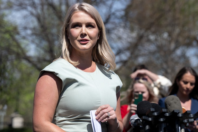 Press Secretary Karoline Leavitt speaks to reporters outside the White House