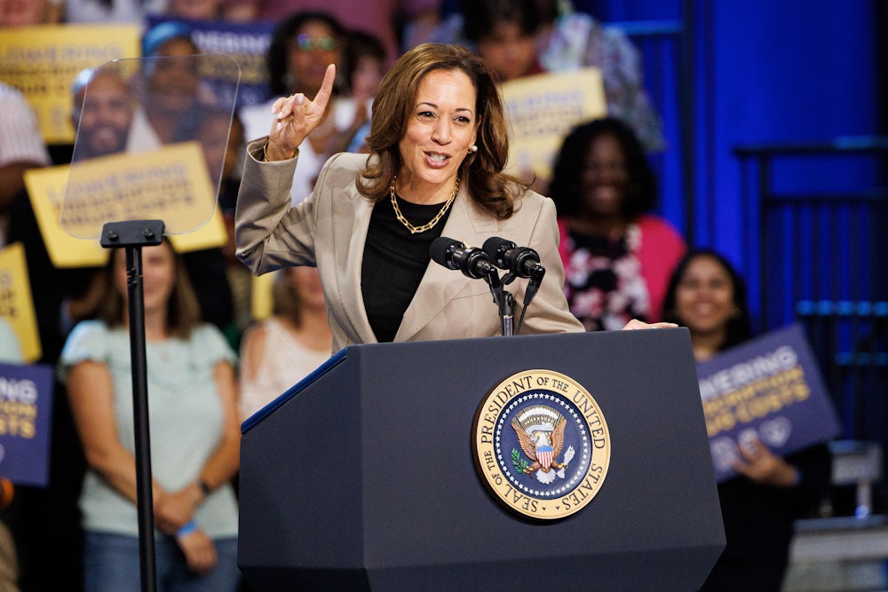 Harris points one finger skyward while smiling at a podium with fans in the background.
