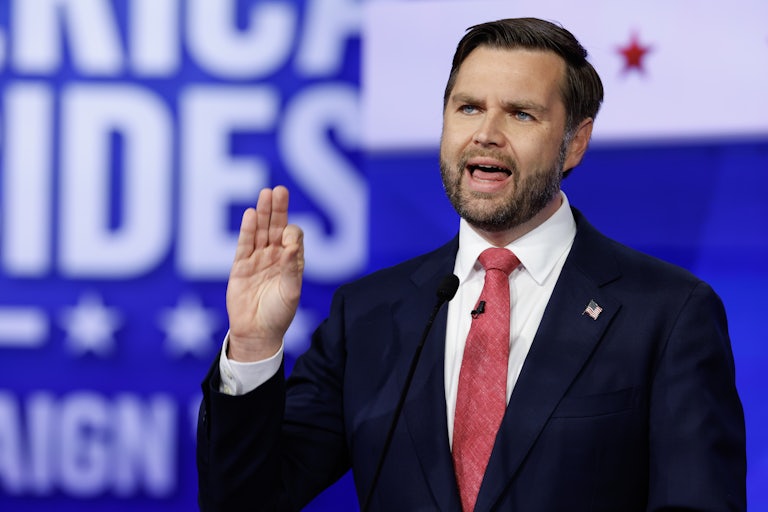 J.D. Vance gestures while speaking during the vice presidential debate