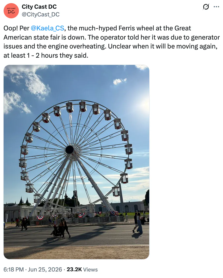 X screenshot City Cast DC @CityCast_DC Oop! Per @Kaela_CS , the much-hyped Ferris wheel at the Great American state fair is down. The operator told her it was due to generator issues and the engine overheating. Unclear when it will be moving again, at least 1 - 2 hours they said.