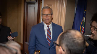 Senate Majority Leader John Thune speaks to reporters in the Capitol