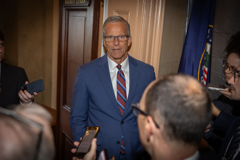 Senate Majority Leader John Thune speaks to reporters in the Capitol