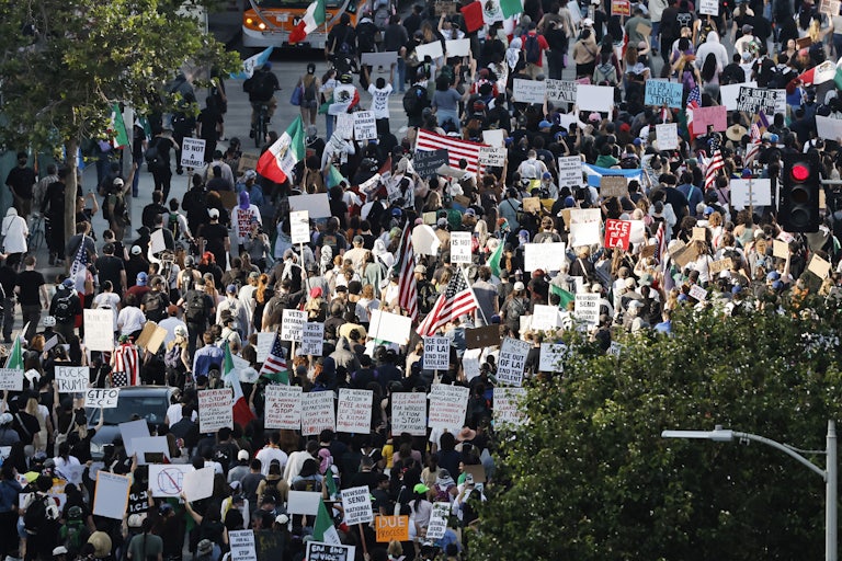 People march in downtown Los Angeles to protest ICE's presence in the city