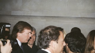 A photo of a younger Donald Trump and Jeffrey Epstien in a crowd of people.