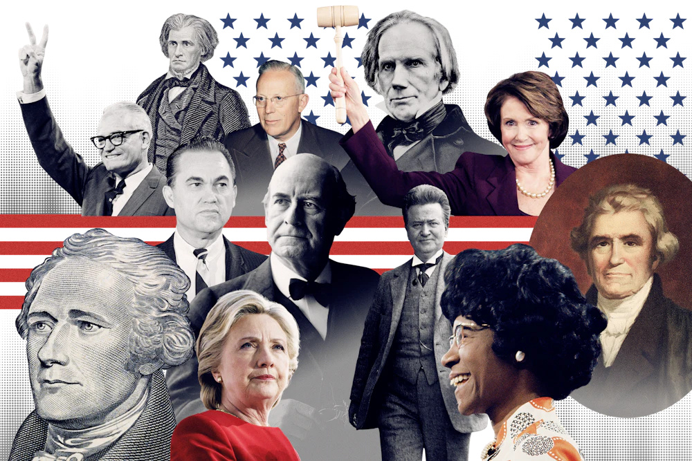 A collage of photographs of politicians who never became president, including Chisolm, La Follette, Bryan, Clinton, Wallace, Hamilton, Goldwater, Calhoun, Warren, Clay, Pelosi, Marshall