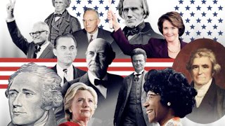 A collage of photographs of politicians who never became president, including Chisolm, La Follette, Bryan, Clinton, Wallace, Hamilton, Goldwater, Calhoun, Warren, Clay, Pelosi, Marshall