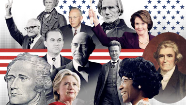 A collage of photographs of politicians who never became president, including Chisolm, La Follette, Bryan, Clinton, Wallace, Hamilton, Goldwater, Calhoun, Warren, Clay, Pelosi, Marshall