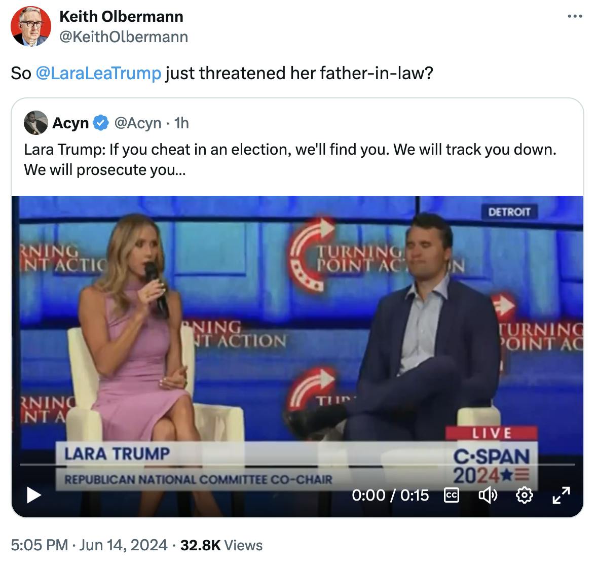 Twitter Screenshot Keith Olbermann: So @LaraLeaTrump just threatened her father-in-law?