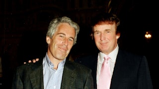 Jeffrey Epstein and Donald Trump smile for the camera while standing next to each other.