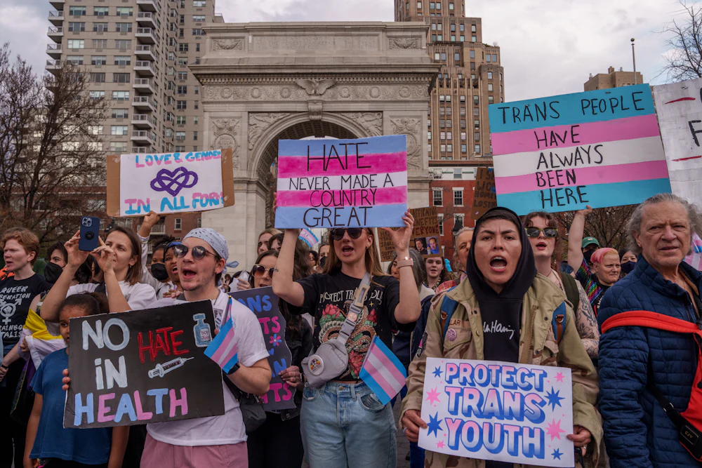 In late March 2025, demonstrators gathered in Washington Square Park for a “trans day of visibility” in New York City.