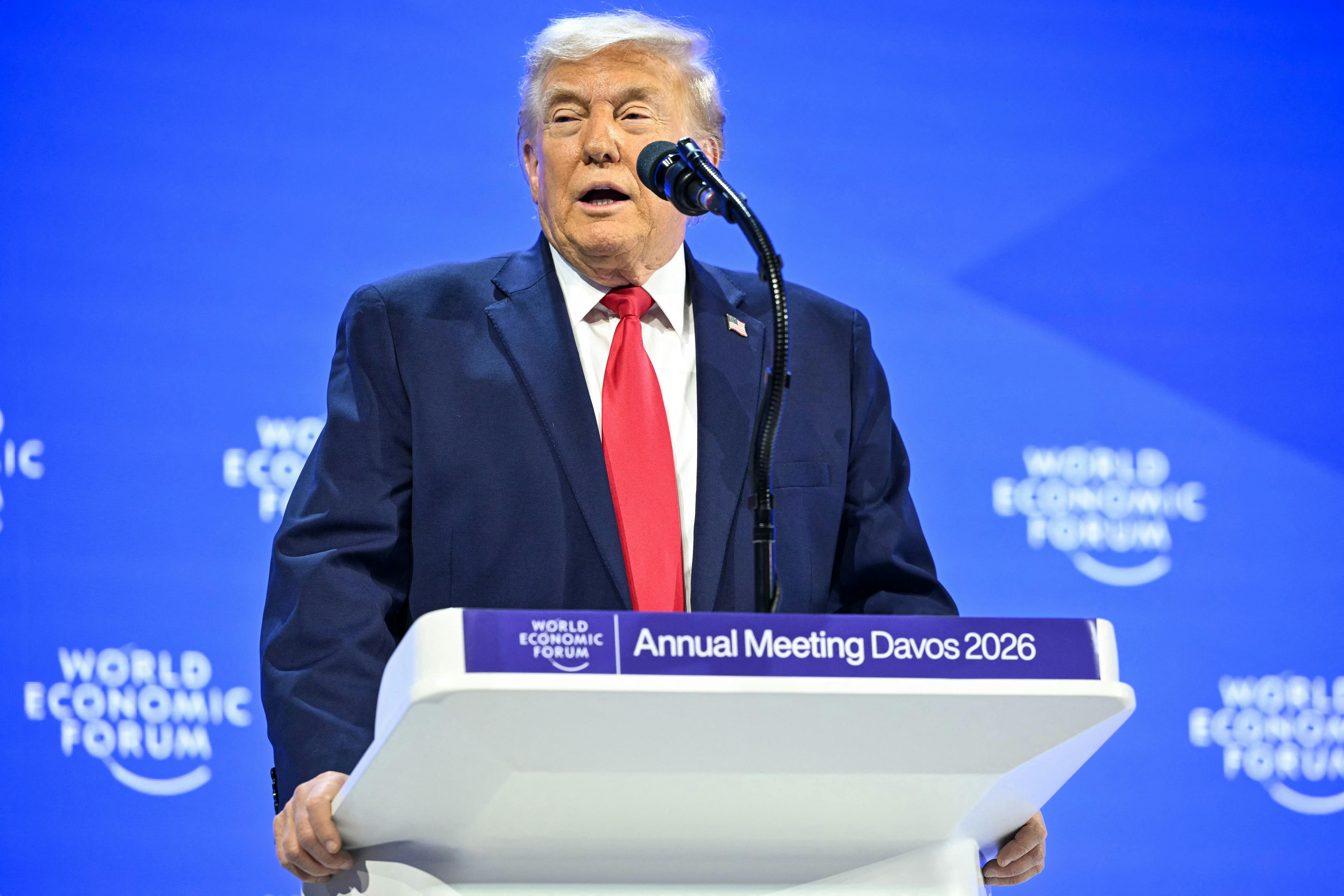 Donald Trump squints while speaking at Davos