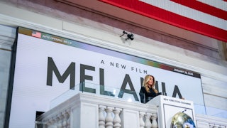 Melania Trump rings the New York Stock Exchange opening bell while promoting her new documentary