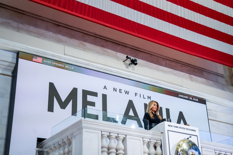 Melania Trump rings the New York Stock Exchange opening bell while promoting her new documentary