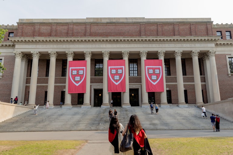 Students walk on Harvard University's campus