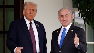 U.S. President Donald Trump and Israeli Prime Minister Benjamin Netanyahu both give a thumbs up outside the White House.