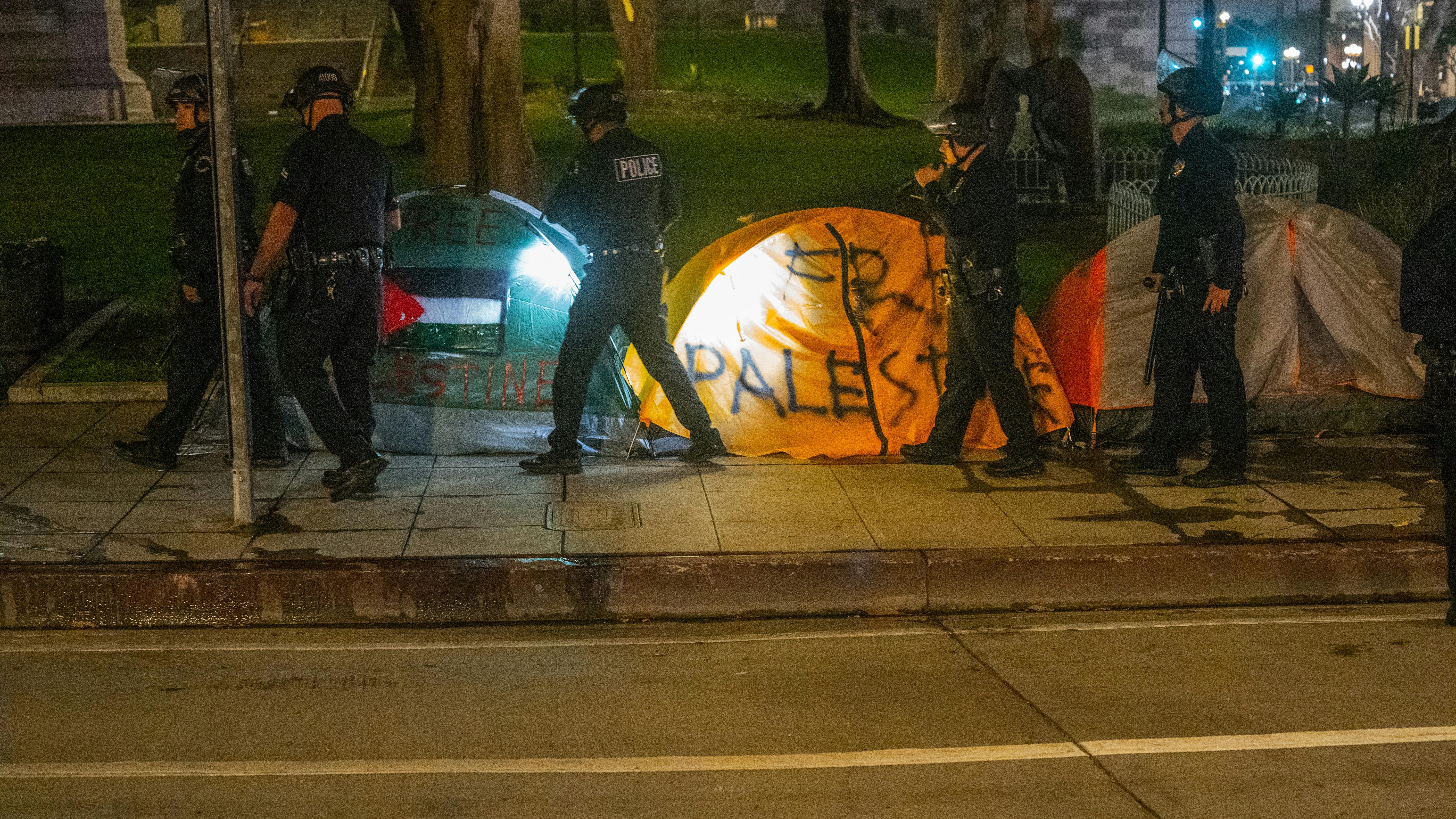 On July 4, protesters set up an encampment outside City Hall in Los Angeles. It lasted a few hours before the LAPD cleared the area of tents and protesters. 
