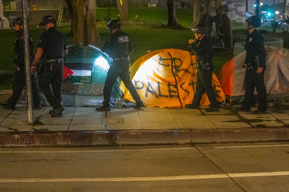 On July 4, protesters set up an encampment outside City Hall in Los Angeles. It lasted a few hours before the LAPD cleared the area of tents and protesters.