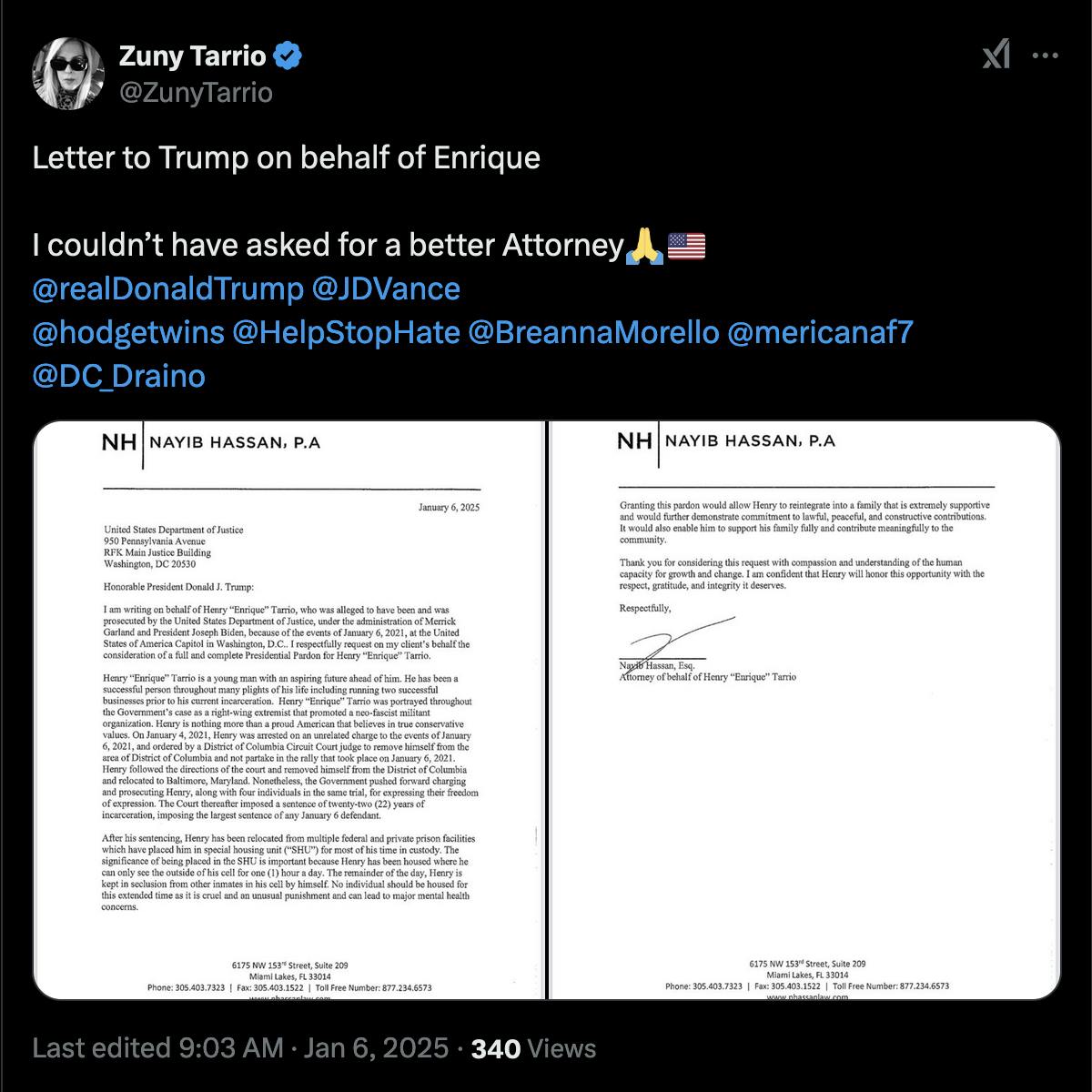 An X post from Zuny Tarrio, the mother of former Proud Boys leader Enrique Tarrio, posting a letter from her son's lawyer asking Donald Trump's Justice Department for a presidential pardon.