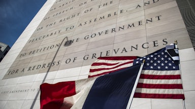 The text of the First Amendment of the U.S. Constitution is displayed on the facade of the Newseum.