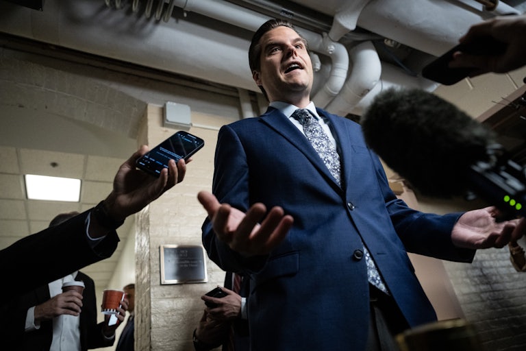 Rep. Matt Gaetz speaks to reporters after a House Republican caucus meeting in Washington, D.C.