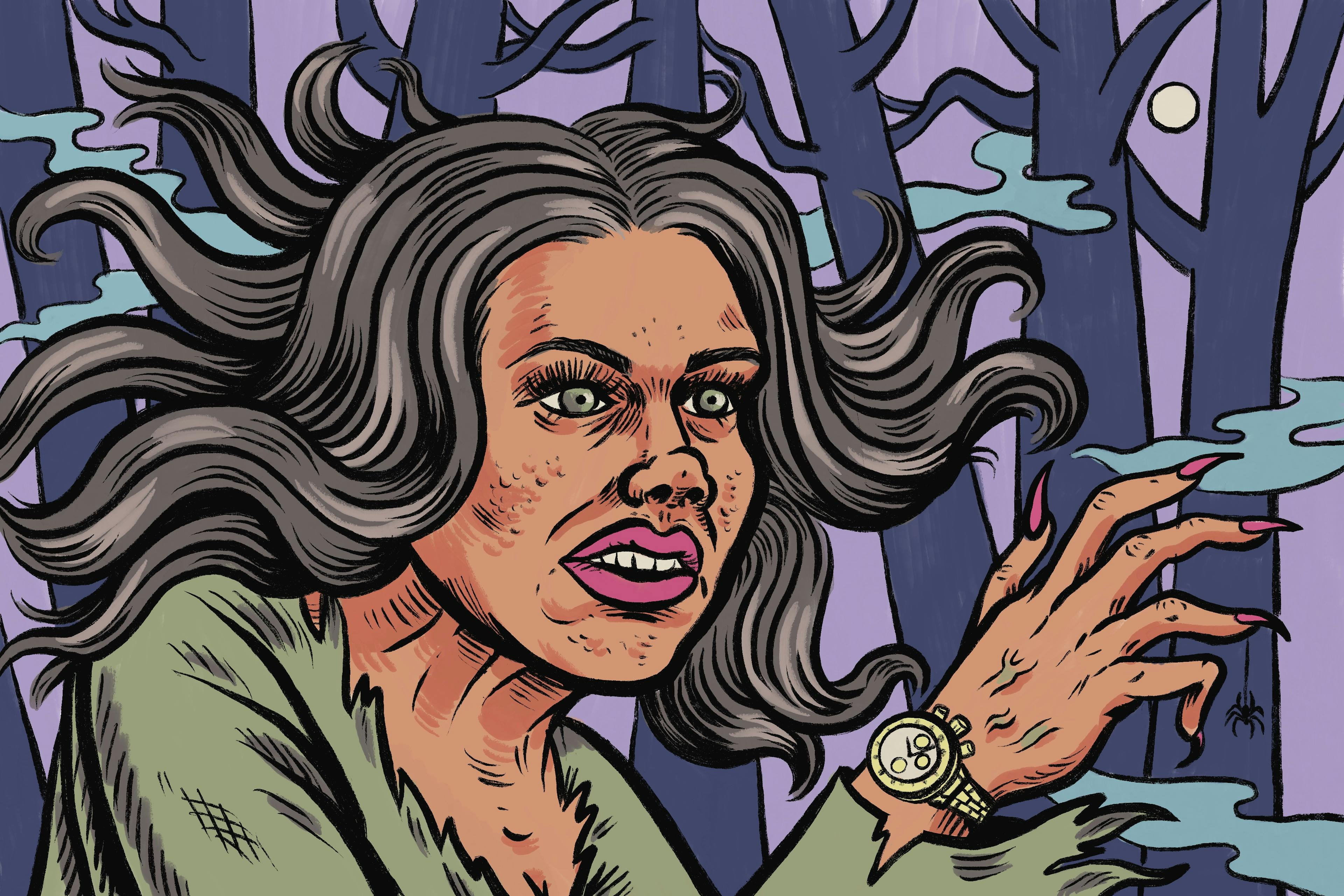 Illustrated portrait of Kristi Noem depicted as a ghostly ghoul