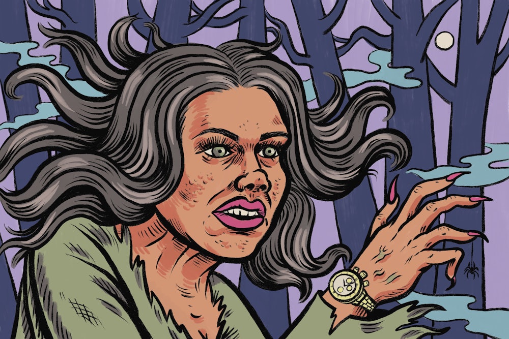 Illustrated portrait of Kristi Noem depicted as a ghostly ghoul