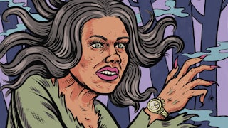 Illustrated portrait of Kristi Noem depicted as a ghostly ghoul