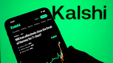 "Will Iran effectively close the Strait of Hormuz for 7+ days?" question on phone with Kalshi logo in the background