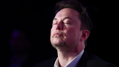 Elon Musk, owner of Tesla and the X (formerly Twitter) platform, tilts his head back and closes his eyes as he attends a symposium on fighting antisemitism titled 'Never Again : Lip Service or Deep Conversation' in Krakow, Poland on January 22nd, 2024.