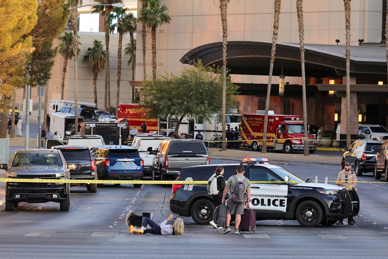 Emergency vehicles block the road after a Tesla Cybertruck exploded on January 01, 2025 in Las Vegas, Nevada.
