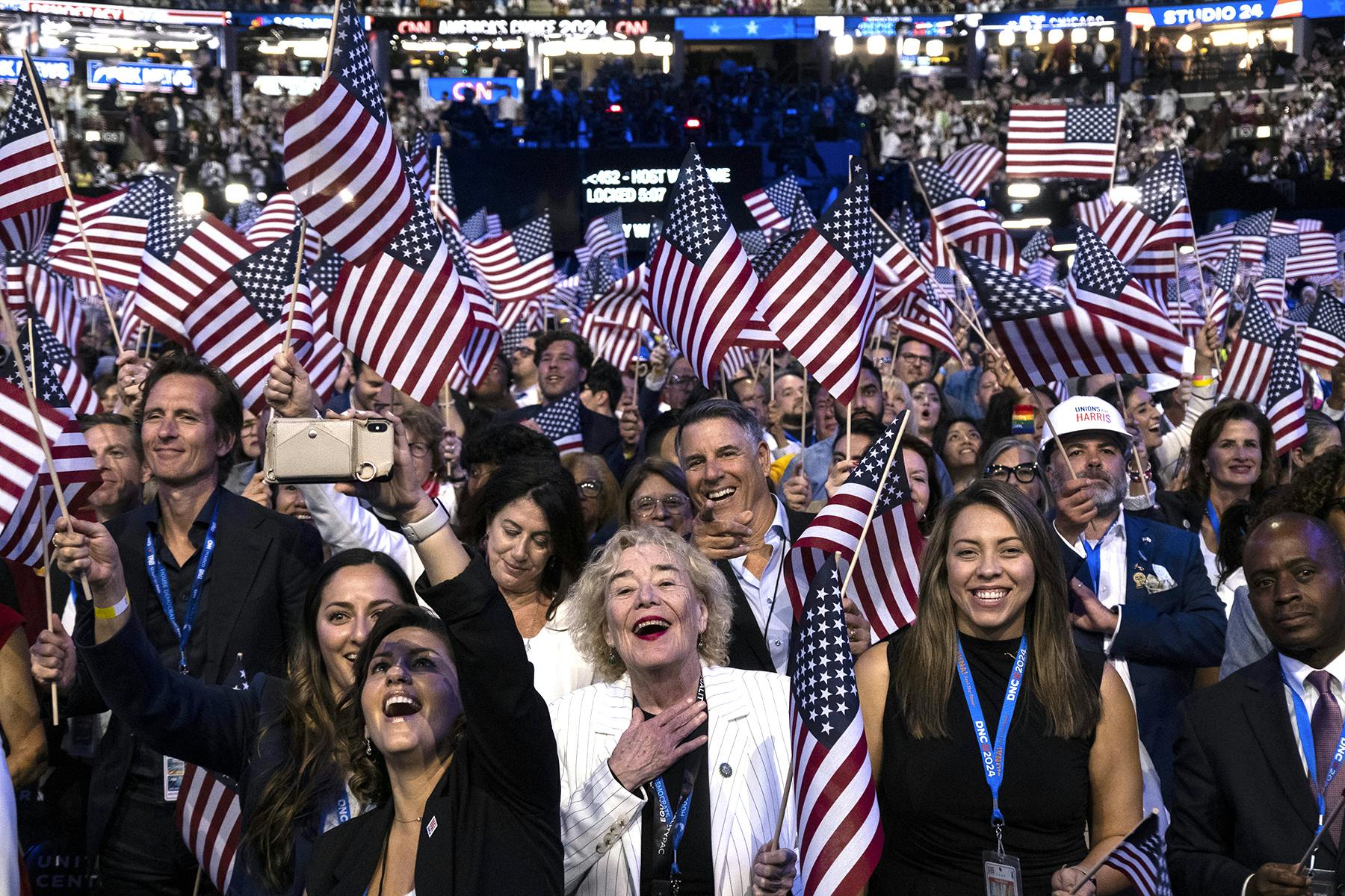 The crowd reacts to the historic nomination of Kamala Harris at the  Democratic National Convention at the United Center on August 22, 2024 in Chicago, Illinois.