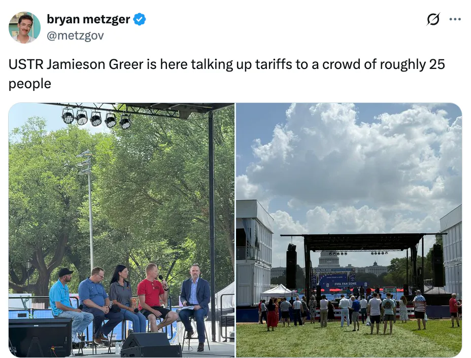 X screenshot bryan metzger @metzgov USTR Jamieson Greer is here talking up tariffs to a crowd of roughly 25 people