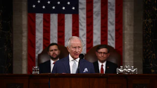 King Charles speaks to Congress as House Speaker Mike Johnson and Vice President JD Vance sit behind him.