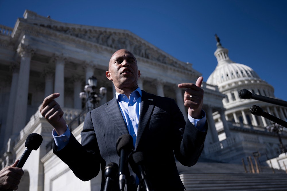 House Minority Leader Hakeem Jeffries speaks to the press outside on the ninth day of the federal government shutdown.
