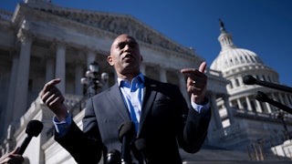 House Minority Leader Hakeem Jeffries speaks to the press outside on the ninth day of the federal government shutdown.