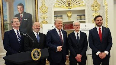 Trump at a meeting earlier this month with Vice President JD Vance, Treasury Secretary Scott Bessent, Commerce Secretary Howard Lutnick Secretary, and Apple CEO Tim Cook.
