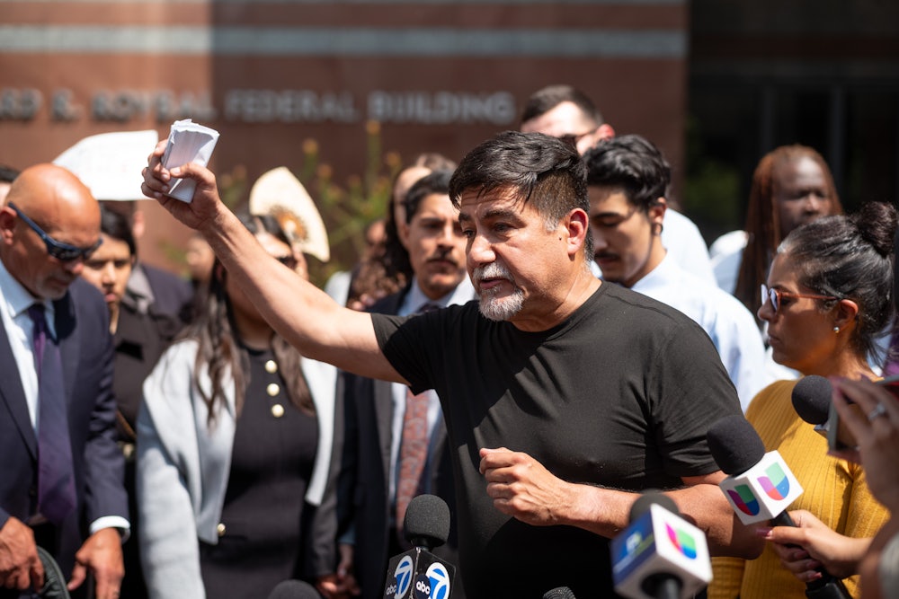 SEIU President David Huerta speaks to the media after he was released from federal court in Los Angeles on Monday, June 9, 2025. Huerta was detained by ICE last week.